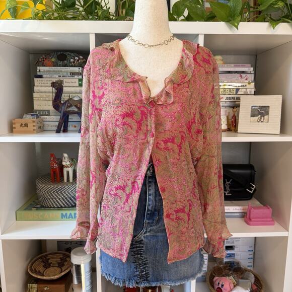 Vintage Y2K ICE Silk Paisley Beaded Ruffle Fairy Button Front Blouse Pink Wms XL - Picture 1 of 13
